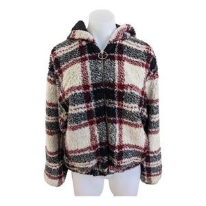Bershka Sherpa Red/Black Plaid Hooded Jacket